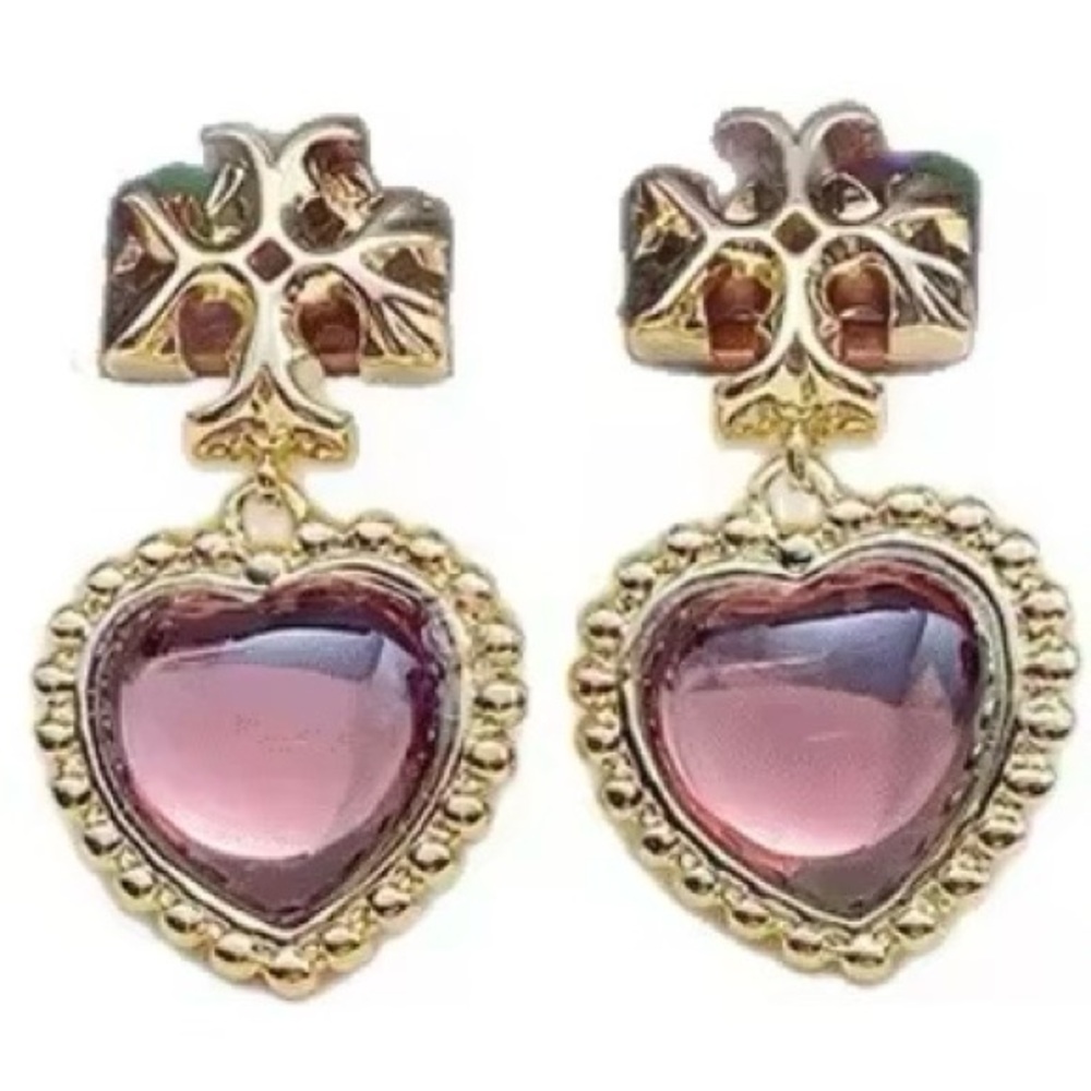 TORY BURCH ROXANNE GOLD LOGO PURPLE HEART DROP EARRINGS - Picture 6 of 9